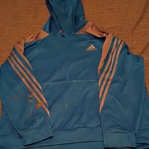 adidas blue hoodie with tan stripe accents